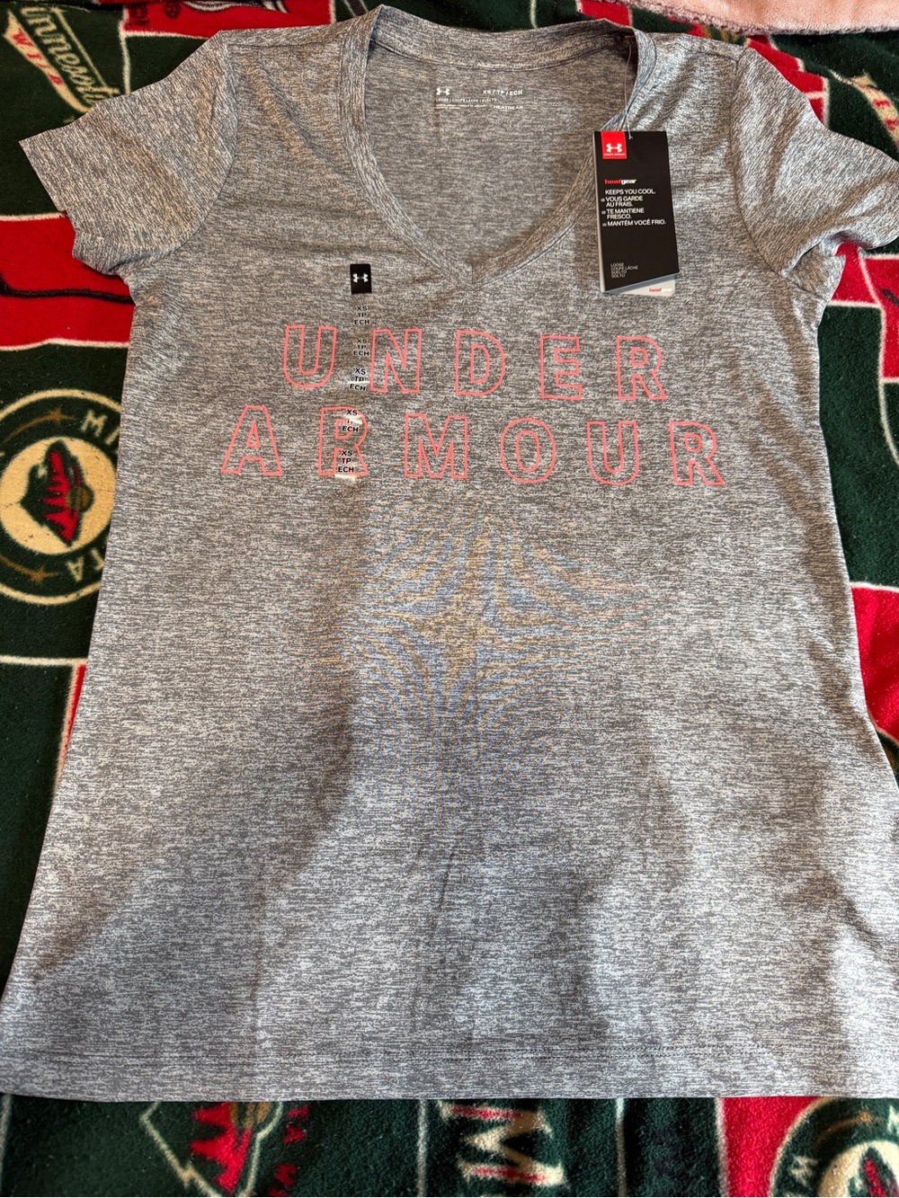 Under Armour Heather Gray V-Neck Tee with Pink Outline Logo